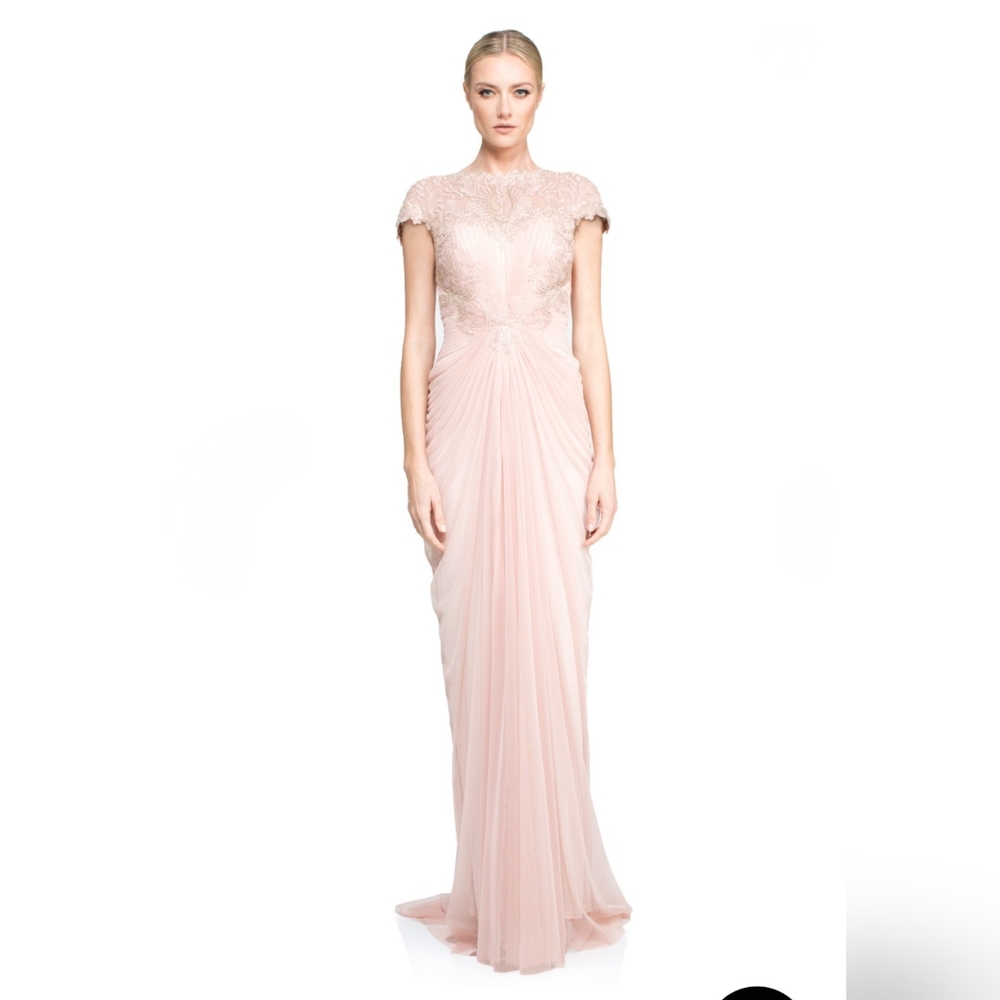 TADASHI SHOJI TULLE AND EMBROIDERED LACE ILLUSION NECKLINE GOWN SZ 16